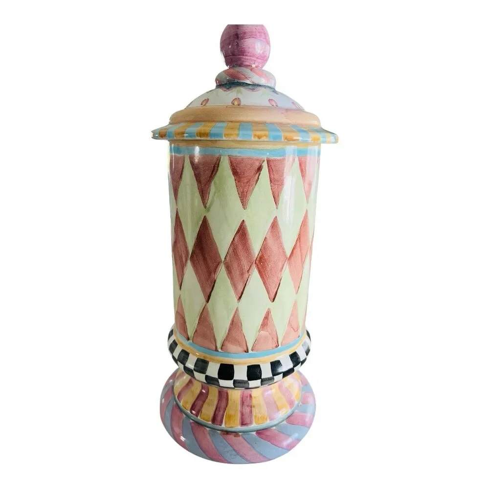 Vintage MacKenzie-Childs Large Column Canister & Lid Odd Fellows Collection 17